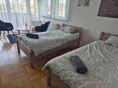 a bedroom with two beds and a table with chairs at Charm Apartment in Kecskemét