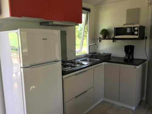 La cuisine est équipée d'un réfrigérateur blanc et d'un four micro-ondes. dans l'établissement Camping Campilo - Maeva, à Aubigny