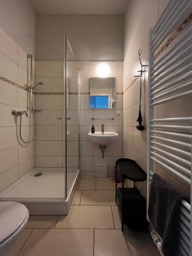 a bathroom with a shower and a sink at Studios am Hafen in Stralsund