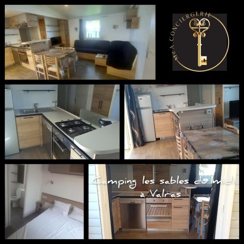 un collage de photos d'une cuisine et d'un salon dans l'établissement Camping les sables du midi à Valras plage, à Valras-Plage