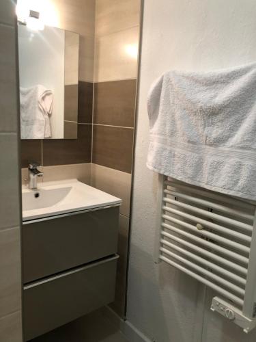une salle de bain avec un lavabo et un miroir dans l'établissement Agréable appartement Chez Mamé Jeanne au Grau du Roi, au Grau-du-Roi