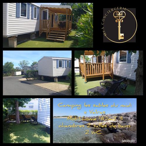 a collage of pictures of a house and a yard at Camping SIBLU les sables du midi à Valras in Valras-Plage