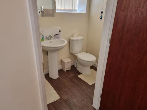 małą łazienkę z toaletą i umywalką w obiekcie Loliz Pamper palace w Nottingham