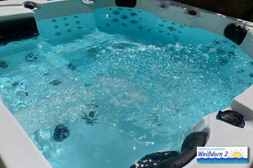 a hot tub with blue water in a boat at Familienfreundliches Reetdachhaus Weissdorn 2 in Puddemin