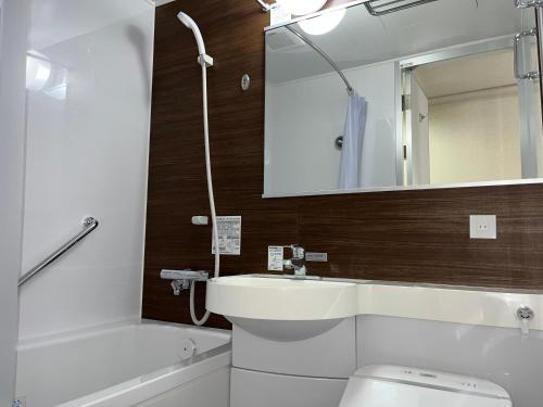 松江市にあるホテルアルファーワン松江のバスルーム(洗面台、トイレ、鏡付)