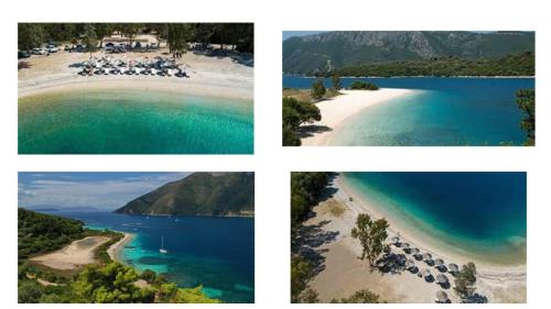 four different pictures of a beach with chairs and water at Mistral Houses in Meganisi