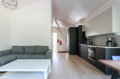 a living room with a couch and a kitchen at Himoskuutio 10, erillistalo, ulkoporeallas in Jämsä