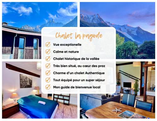 eine Collage mit Fotos eines Hauses mit einem Berg in der Unterkunft Chalet la Pagode, vue Mont-Blanc et jardin privé in Chamonix-Mont-Blanc