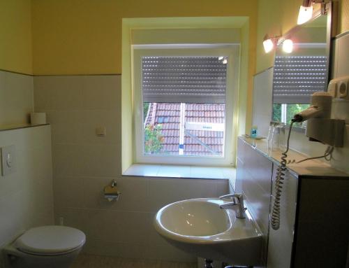 a bathroom with a sink and a toilet and a window at Gasthaus und Pension Zur alten Fähre in Porta Westfalica