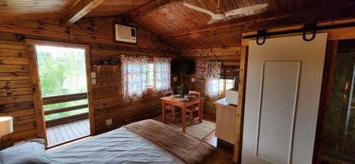 1 dormitorio en una cabaña de madera con cama y escritorio en Tegwaan's Nest B&B, en Mooi River