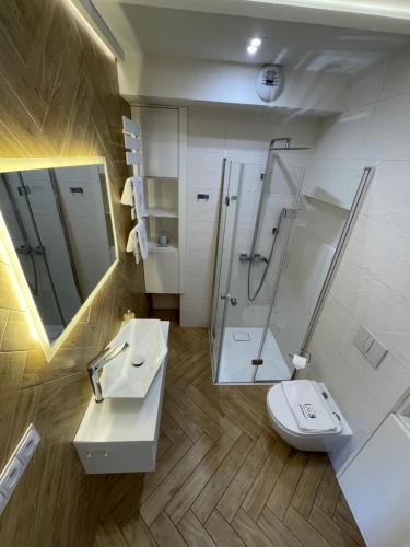 uma casa de banho com um WC, um chuveiro e um lavatório. em LM Axis Apartment em Kielce