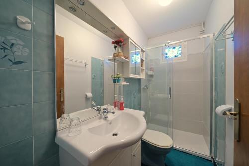 ein Bad mit einem Waschbecken und einer Glasdusche in der Unterkunft Les Rosiers in Luchon