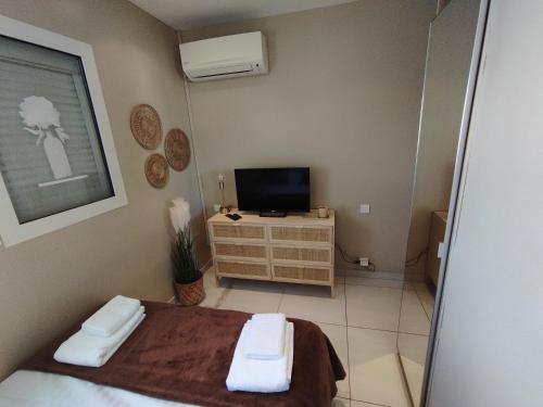 Kleines Zimmer mit einem Bett und einem TV in der Unterkunft T2 Croisette & Palm Beach 2mi à pieds ! in Cannes