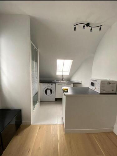 une cuisine blanche avec un évier et un micro-ondes dans l'établissement Église de pontoise, à Pontoise