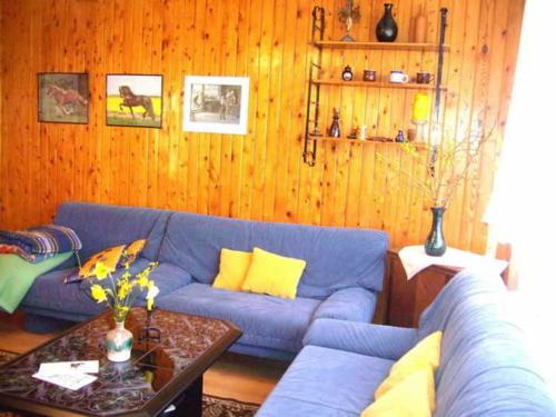 sala de estar con sofá azul y mesa en Ferienhaus Schöne, 