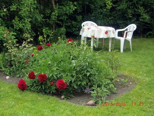 a table and two chairs in a garden with flowers at Ferienhaus Schöne in Lebbin