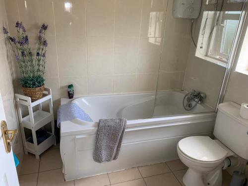 een badkamer met een wit bad en een toilet bij Tramore Holidays in Tramore