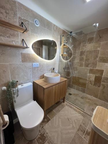 a bathroom with a toilet and a sink and a mirror at Appt neuf 37m2 100m de la mer in Fréjus