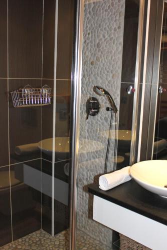 une salle de bain avec douche et lavabo dans l'établissement Apartment Planards Centre Chamonix foot of the Planards Slopes, à Chamonix-Mont-Blanc