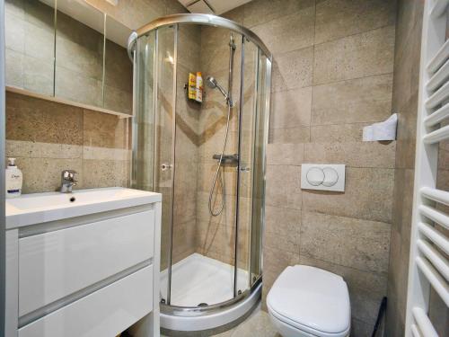 une salle de bain avec une douche, des toilettes et un lavabo dans l'établissement Mythique Miramar Cannes Croisette Terrasse Clim Parking Wifi, à Cannes