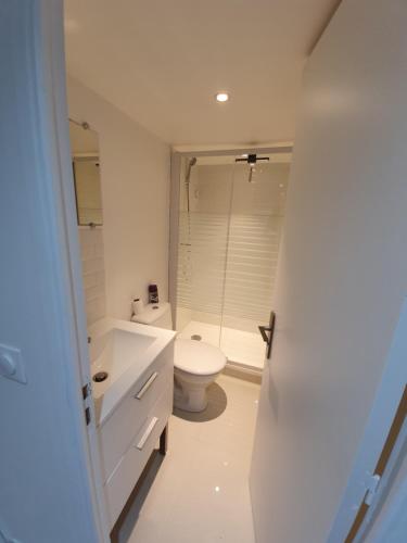 ein weißes Bad mit einem WC und einem Waschbecken in der Unterkunft Studio aux portes de Paris in Villejuif