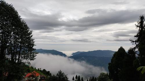 a view of a valley with clouds in the mountains at Dumfu Homestay in Darjeeling