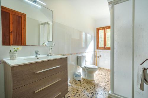 ein Bad mit einem WC, einem Waschbecken und einer Dusche in der Unterkunft Ses Savines Beach cala Llombards in Santanyi