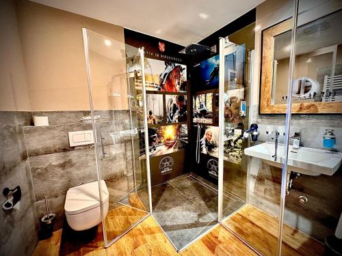 ヘルステルにあるPrivathotel Riesenbeckのシャワー、トイレ、洗面台を備えたバスルーム