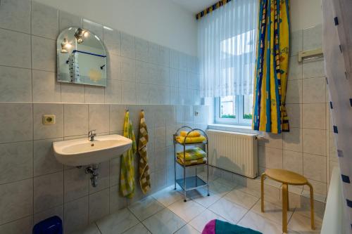 a bathroom with a sink and a window at Ferienwohnung - Blumenstraße in Sebnitz