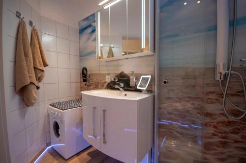 een badkamer met een wastafel en een douche bij Hund und Meer in Cuxhaven