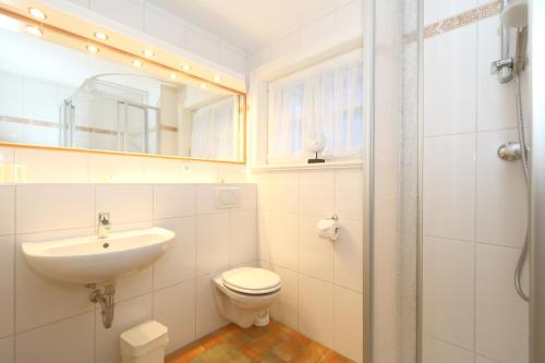ein Badezimmer mit einem Waschbecken, einem WC und einem Spiegel in der Unterkunft Landhaus Friedrichshain-Theodor Storm in Wenningstedt-Braderup