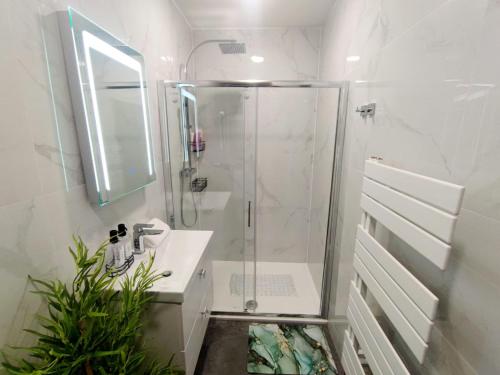 y baño con ducha y lavamanos. en PEACEFUL entire property with luxury jacuzzi pool en Southend-on-Sea