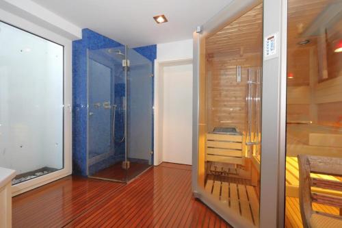 Cette chambre comprend une douche et une porte en verre. dans l'établissement App. Hookipa EG/UG, à Westerland