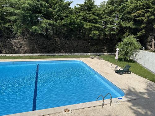 a large swimming pool in a yard with trees at Quinta dos Encantos "Entire Villa" in Pêro Moniz