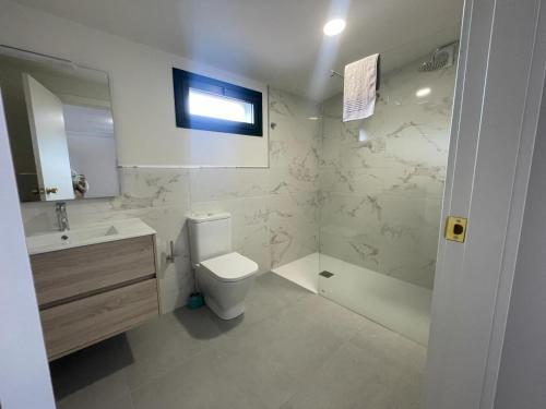 Un baño con inodoro, lavabo y ducha. en Posada Celtia, en Vigo