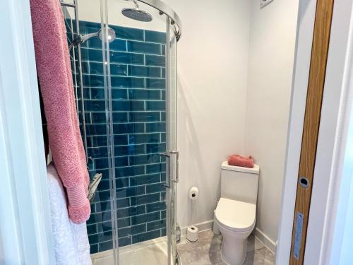 a bathroom with a toilet and a glass shower at The Annexe in Bruton