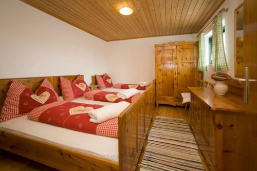 a bedroom with two beds with red pillows at Brandner Almhütte in Schoberegg