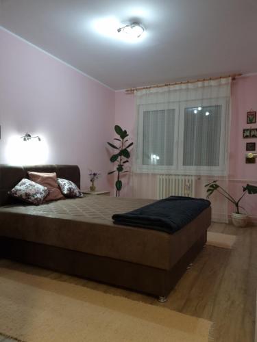 - une chambre avec un grand lit et une fenêtre dans l'établissement Bulevar NS - Stan u blizini železnike stanice i Sajma, à Novi Sad