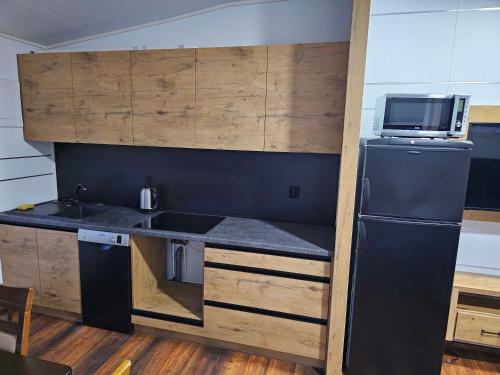 a kitchen with a black refrigerator and a microwave at Domek letniskowy zielony-całoroczny in Stegers