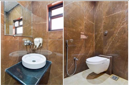 2 immagini di un bagno con servizi igienici e lavandino di Hotel Palace a Chandrapur