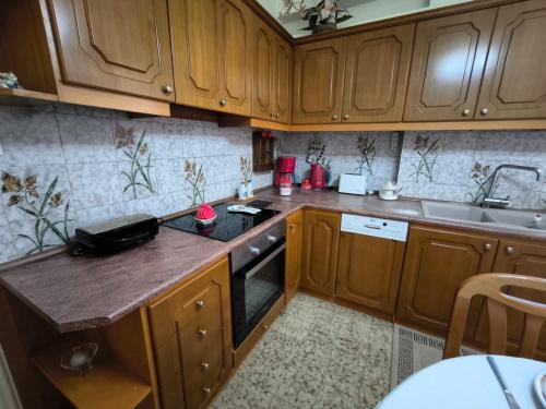 eine Küche mit Holzschränken und einer Arbeitsplatte in der Unterkunft Διαμερισμα 77τ.μ in Sparta