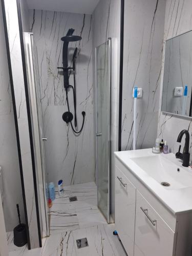 een badkamer met een douche en een wastafel bij המקום של אתי ולילך 2 in Eilat