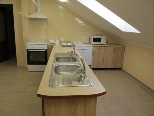 a kitchen with a sink and a stove at Mini-hotel Na Pidgradskiy in Uzhhorod
