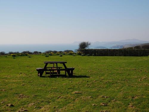 a picnic table in the middle of a field at St Brides View Solva in Solva