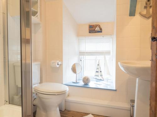a bathroom with a toilet and a sink and a window at Driftwood Cottage Llangrannog in Llangranog