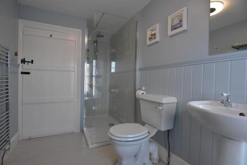 a bathroom with a toilet and a shower and a sink at Orielton Newport in Dinas