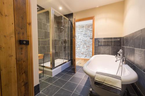 a bathroom with a tub and a sink and a shower at The Stables Newgale in Llandeloy