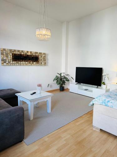 uma sala de estar com um sofá e uma televisão em Wohnung am Schlossgarten em Schwerin