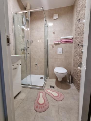 La salle de bains est pourvue d'une douche et de toilettes. dans l'établissement Bulevar NS - Stan u blizini železnike stanice i Sajma, à Novi Sad
