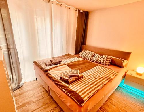Stylish Apartment with Beautiful Ambiance في كولونيا: سرير كبير في غرفة مع نافذة